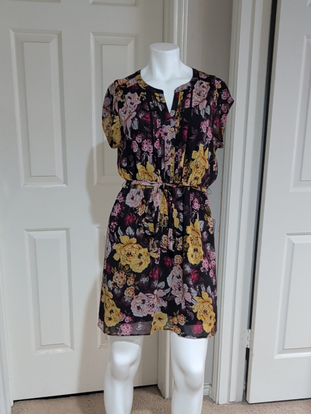 NWT DR2 Black Floral Tie-Waist Mini Dress with Yellow & Pink Flowers Women's M